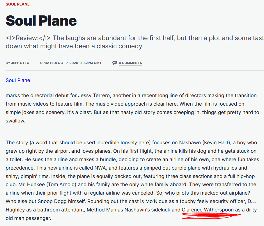 Screenshot of beginning of IGN article. "Clarence Witherspoon" is circled in red.